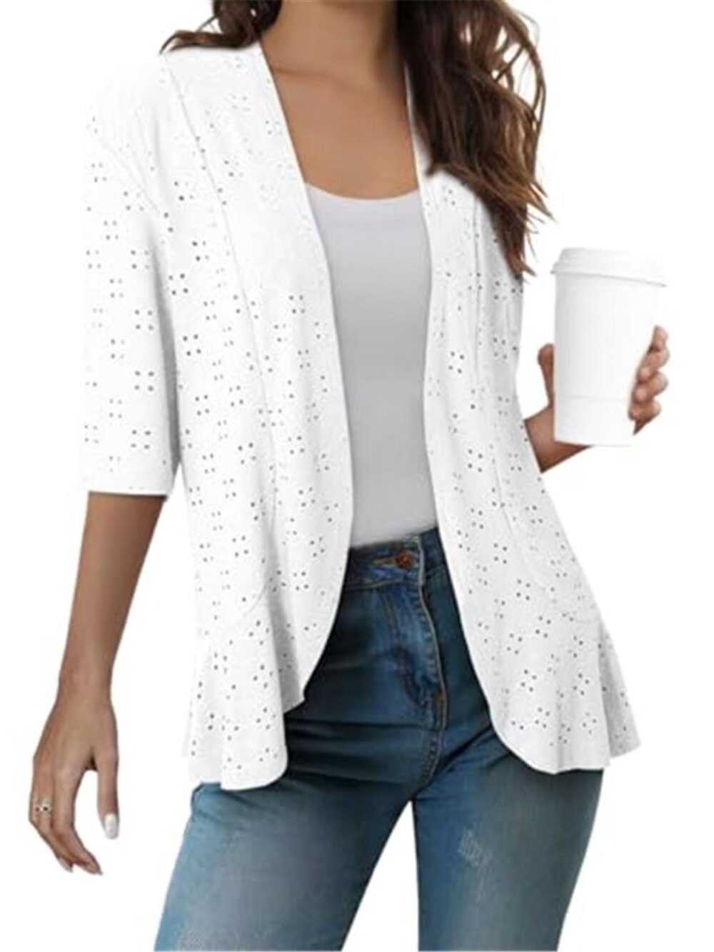 Womens Crochet Cardigan Lightweight Knit Open Front Half Sleeve Summer Sweater